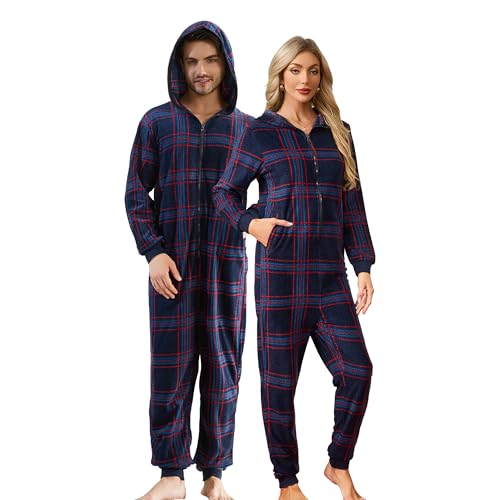 U2SKIIN Couple Onesie Pajama Sets, Hooded Zipper Christmas Matching Plaid Pjs Set for Men and Women Soft Warm Jumpsuit