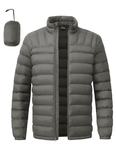 BGOWATU Men's Lightweight Packable Puffer Jacket Warm Fall Winter Jacket for Men Down Alternative Puffy Coat Dark Grey M