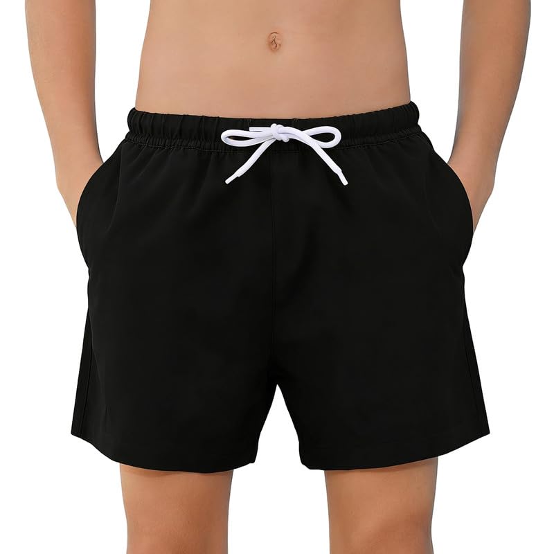 CrystErzoix Bañador Niño Secado Rápido con Forro Interior de Malla Short de Natación Pantalones Cortos de Baño Ligeros Bañador para Playa Piscina, Negro 14-16 Años