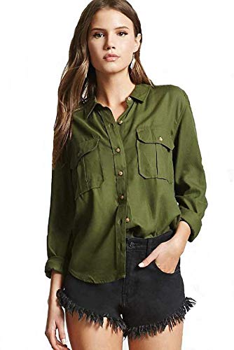 krisha collection Women's Long Sleeves Casual Double Pocket Green Shirt (Medium)-picture-10