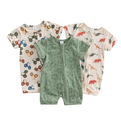 BULINGNA Newborn Baby Boy 3-Pack Jumpsuits Short Sleeve Dinosaur Truck Print Zip Up Bodysuits Infant Rompers (3Pcs, 0-3 Months)