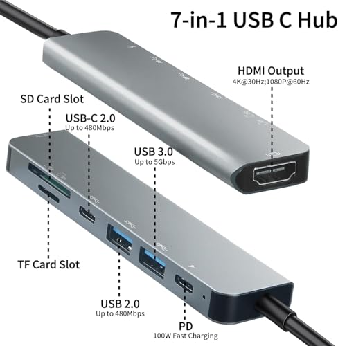 Image of USB C Hub - 8-in-1 USBC Adapter with USB, C-USB, 100W PD, USB 3.0 5Gbps Ports, SD /TF Card Reader - USB-C Dongle for Office, Meetings, Travel & Home Setup (HDMI)