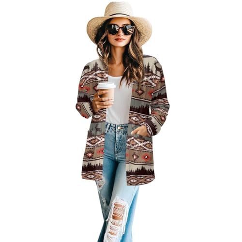 Image of Women's Aztec Open-Front Jacket Lightweight Casual Outerwear Native Western Aztec Pattern & Plaid Houndstooth Print