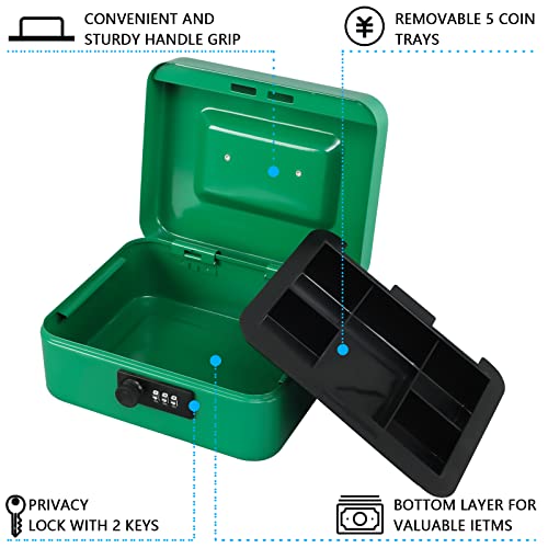 Image of KYODOLED Cash Box with Combination Lock,Safe Metal Box for Money,Storage Lock Box with Money Tray,7.87 inchx 6.30 inchx 3.54 inch Green Medium