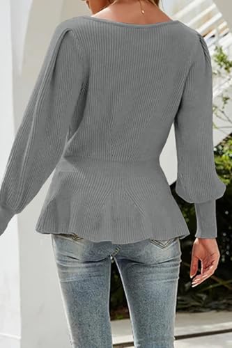 Image of Womens Fall Puff Sleeve Peplum Casual Slim Fit Knit Pullover Sweater Jumper Tops