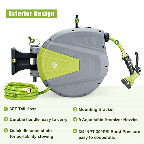 G Good Gain Retractable Garden Hose Reel,9 Function Sprayer Gun, 65+6 1/2 Ft Hose, Wall Mounted Hose Reel Any Length Lock/180 Degree Pivot,Watering Solution For Backyard,Garden,Car Washing #TOP6