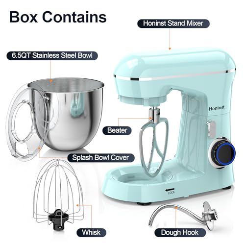 Image of Honinst Stand Mixer, 6.5QT 10-Speed Tilt-Head Electric Stand Mixer, 3-In-1 Kitchen Mixer with Bowl, Dough Hook, Whisk and Beater, Food Mixer for Baking, Cake and Most Home Cooks, Blue
