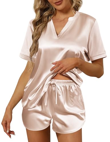 Ekouaer Silk Pajamas for Women Short Sleeve Satin Sleepwear Two-piece Pjs Set Soft V Neck Loungewear ChampagneS - image 1