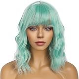 LANCAINI Short Bob Wigs with Bangs for Women Loose Wavy Wig Curly Wavy Shoulder Length Bob Synthetic Cosplay Wig for Girl Colorful Costume Wigs (Mint Green)