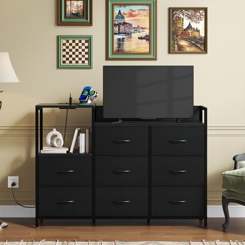 Image of NEWBULIG Media Console Dresser TV Stand for 45 inch with 8 Fabric Drawers & Open Shelves, Wooden Top Entertainment Center with LED Lights & Charging Station for Bedroom, Black