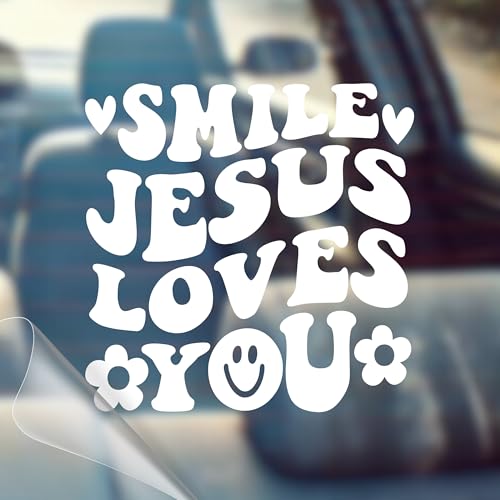 Image of Smile Jesus Loves You - Christian Jesus Cross Car Vinyl Decal Bumper Sticker for Car, Wall, Window, Vehicle, Weather Resistant, Viral, White