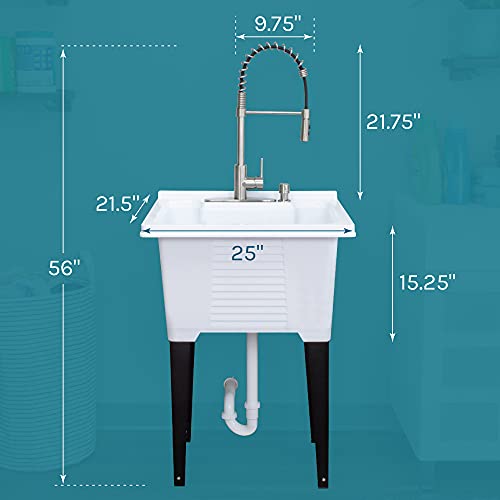 Image of White Utility Sink by JS Jackson Supplies, Tehila Luxe Laundry Tub, Stainless Finish Hi-Arc Coil Faucet, Soap Dispenser