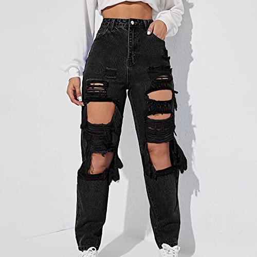 Ladies Ripped Cuffed Loose Jeans Boyfriend Fit Distressed Stretchy Denim Pants Stretch Baggy Jeans with Hole2