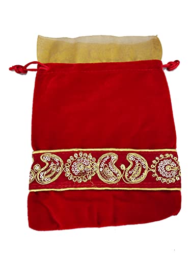 Image of Fabric 18Cm X 24Cm Large Velvet Drawstring Bags Pouches Potli For Gift Wedding Jewelry Packaging Bridal Party Favors For Women (5 Pc Set, Red Color)