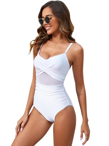 Image of Narecte Women Sexy Mesh One Piece Swimsuit Tummy Control Bathing Suit Push Up High Waisted Swimwear White M