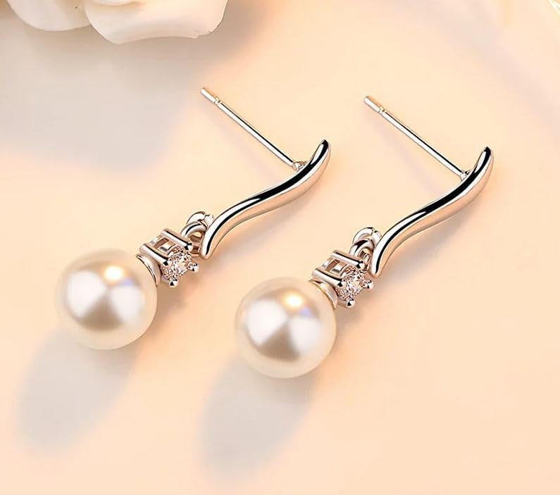 Pearl Dangle Earrings for Women, Pearl Drop Earrings with CZ Stones, 925 Sterling Silver - Image 8