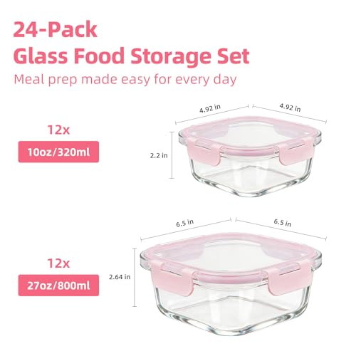 Image of Konokyo Square Glass Food Storage Containers with Lids, 24 Pack Airtight Leakproof Meal Prep Containers, BPA-Free, Microwave Oven Freezer & Dishwasher Safe, Assorted Sizes