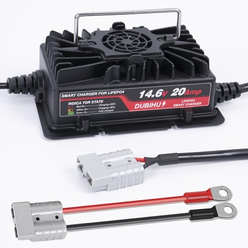 DUBIHU 14.6V 20A LiFePO4 Battery Charger, Suitable for RV, Marine, and 12V LiFePO4 Batteries, with 50A Anderson Connector, Includes Anderson to M8 Ring Terminal Adapter, US Plug