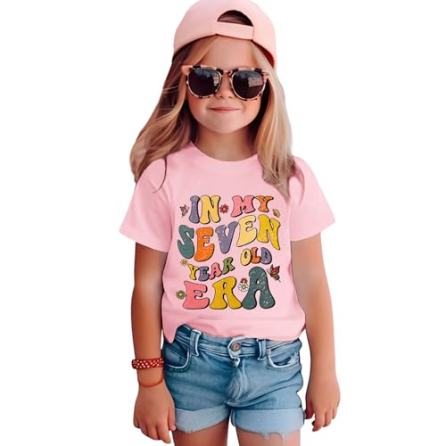 BOUTIKOME Birthday Girl Shirts in My Seven Years Old Era T-Shirt Kid Girls 7th Tees Party Outfits 7Y Short Sleeve Tops(Pink-7th 140)