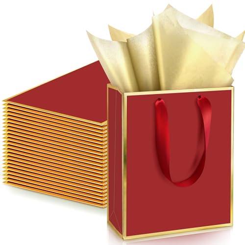Yeaqee 24 Pack Metallic Paper Gift Bags with Handle and Tissue 9x7x3.1 Gold Foil Welcome Thank You Favor Bags Return Gifts for Wedding Mothers Graduation Bridesmaid Birthday(Burgundy Red and Gold)