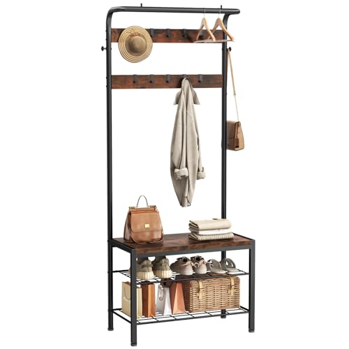 Hall Tree with Bench and Shoe Storage, 4-in-1 Entryway Organizer with 10 Hooks and Storage Shelf,Coat Rack Freestanding with 2-Tier Storage Shelf for Living Room, Bedroom Rustic | Lift-top hidden compartment, steel frame, farmhouse style, easy assembly, entryway living room bedroom mudroom