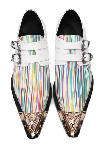 Santimon Mens Loafers Party Dress Casual Metal-Tip Toe Double Buckle Slip On Leather Rainbow Loafers Western Fashio Tuxedo Prom Summer Shoes for Men Boys4