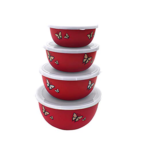 Zaib Microwave Safe Stainless Steel Round airtight Lid Bowl/Box/Kitchen Food Storage Containers, Tiffin, Lunch Box, Euro Lid Bowl (4, Red Designer)