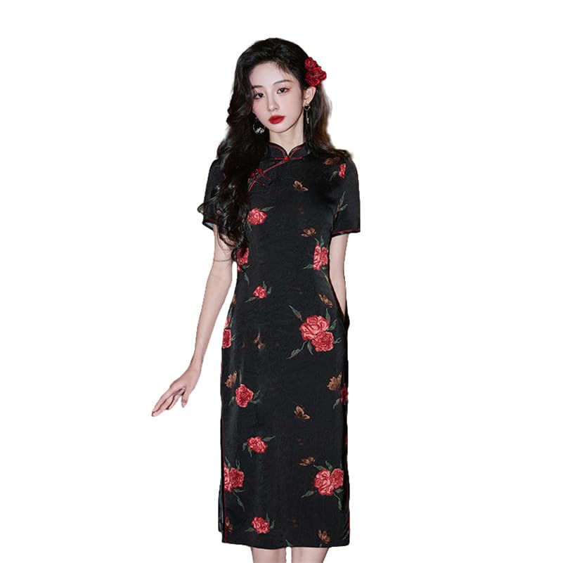 Robe cheongsam pour femme coupe rétro manches courtes imprimé floral chic
