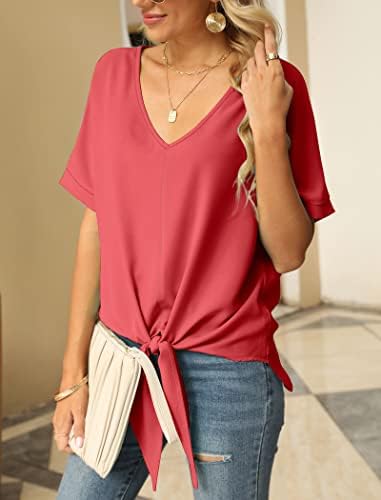 Womens V Neck Chiffon Tops Short Sleeve Tie Knot Casual Blouses Loose Summer Shirts 3 Womens V Neck Chiffon Tops Short Sleeve Tie Knot Casual Blouses Loose Summer Shirts