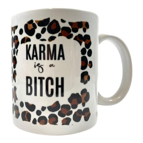 NetSpares Keramiktasse „Karma is a Bitch“ | Kaffeetasse mit Leopardenmuster | Frecher Spruch Becher | Lustige Geschenkidee für Freunde, Kolleginnen, Büro, Geburtstag