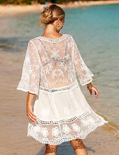 Vancavoo Beach Cover Up for Women Crochet Beach Dress Swimwear Lace Cover Ups Women's Beachwear Summer V Neck Floral Bikini Swimsuit Beach Sarongs See Through Hollow Out Dress