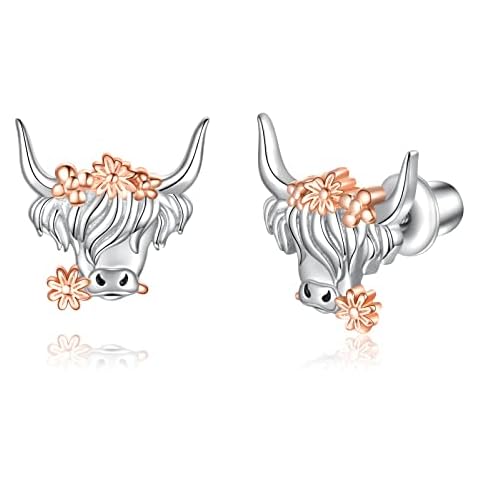 Sterling Silver Highland Cow Rabbit Horse Koala Dog Hypoallergenic Stud Earrings with Safety Screwback Birthday Christmas Earrings Jewelry Gift for Women Animal Lovers (Highland cow) Cover