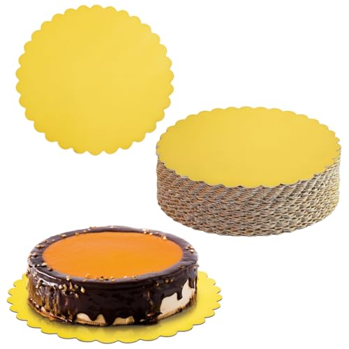 KoMvzyl 50 Pack Gold Cake Boards, 10 inch Scallop Edge, Disposable Cardboard Rounds, Grease Proof, Perfect for Cake Decorating, Valentine's Day, Weddings, Birthdays