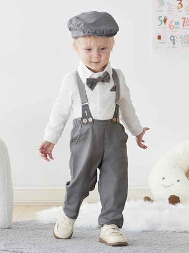 Image of SALNIER Baby Boy Suit Set Infant Formal Outfit Tuxedo | Soft Cotton Shirt Suspenders Pants Bow Tie Beret Hat 5pcs Set, For Wedding Baptism Birthday Party
