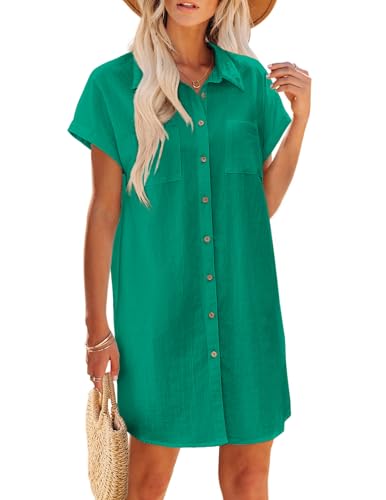 Image of Zeagoo Summer Dresses for Women 2026 Cotton Button Down Short Sleeve Tshirt Dresses Casual Mini Beach Dress