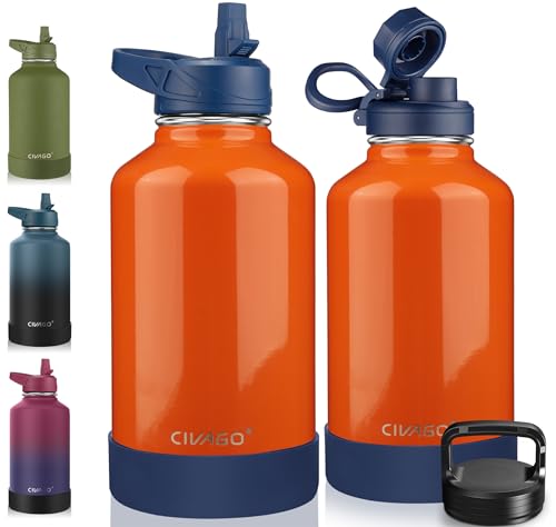 Image of CIVAGO 64 oz Insulated Water Bottle With Straw, Half Gallon Stainless Steel Sports Water Flask Jug with 3 Lids (Straw, Spout and Handle Lid), Large Metal Thermal Cup Mug, Deep Orange