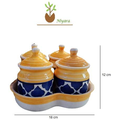 Image of Niyara Multipurpose Storage Ceramic Pickle set Jars with Lid & tray (Set of 4, 300 ml) (yellow Blue)