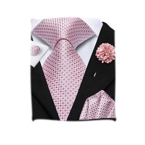 Hi-Tie Pink Grey Polka Dot Ties for Men Silk Woven Tie and Lapel Pin Pocket Square Cufflinks Sets Formal Business Wedding