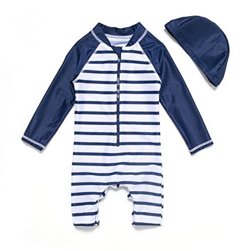 BONVERANO Maillot de bain nouveau-né à manches courtes, protection UV 50+ avec bonnet, Bleu / Blanc, 12-18 Mois