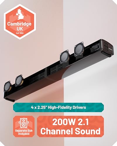 Oakcastle SB80 Xtra 200W 2.1 Channel Sound Bar for TV with External Subwoofer | Bluetooth 5.3 Soundbar with HDMI ARC, Optical, AUX & USB Playback | Home Cinema TV Speakers with Remote & Wall Mount - Image 3