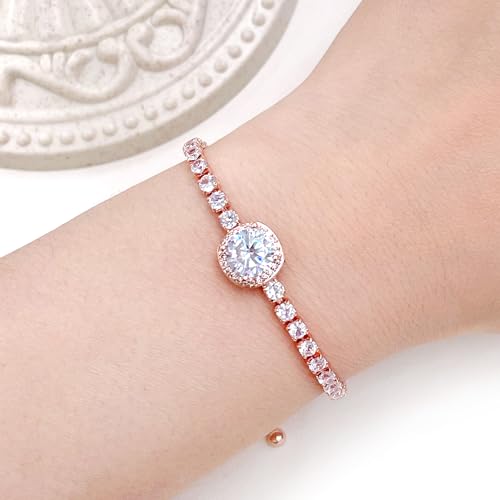 Image of Rose Plated Gold Brass Box Chain Cubic Zirconia Classic Tennis Slider Adjustable Bracelet, Round Big Zircon Charm Give Woman Mom Mother's Day Fashion Crystal Gift