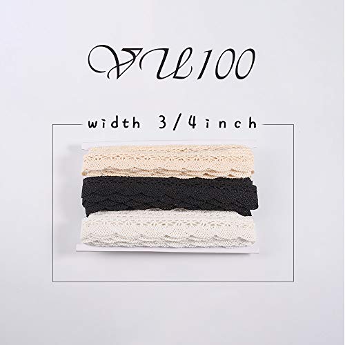Vu100 16.5 Yards Crochet Cotton Lace Ribbon Trim, 3/4 Inch Vintage Sewing Lace Fabric Trim, For Gift Wrapping,Diy Craft,Wedding Decor Lace 3 Packs (5.5 Yards Each,Black/White/Beige) #TOP3