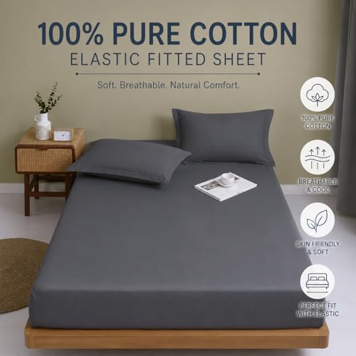 Image of 100% Pure Cotton Elastic Fitted Bedsheet for 72x78 Inch Mattress | Dark Grey Solid | Soft, Breathable & Skin-Friendly | Deep Pocket All-Around Elastic | Wrinkle Resistant | King Size