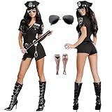 [Diki Home] 女性警察官 ハロウィン コスプレ 黒色 ブルー 仮装 パイロット セーラー服 セクシー クラブ風 舞台 演技用 衣装 パーティー イベント 文化祭 大きいサイズ 6 点セット：帽子＋ベルト＋オールインワン＋手錠＋警棒＋メガネ 无料網タイツ付き (ブラック, L)