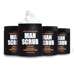 Body Prescriptions Body Scrub for Men-4 Pack Ultimate Exfoliating Scrub Infused with Mahogany, Men’s Body Wash in Jar with Twist Top, 28.2 oz Each, For All Skin Types