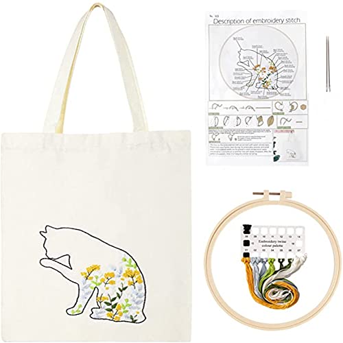 Kit de bordado para principiantes con bolsa de lona, aros de bordado, agujas, bolsa de mano negra, kits de mano con bonito patrón de gato y flores e instrucciones, suministros de arte y manualidades
