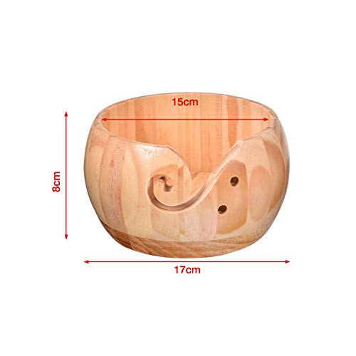 Image of Wooden Crafted Yarn Ball Storage Bowl with Carved Holes and Drills Holes Wooden Yarn Bowl for Crocheting Knitting Accessories DIY Crafts (B)