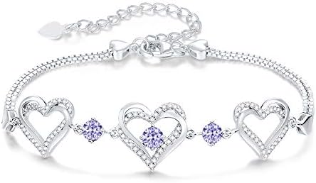 CDE Heart Women Bracelets Birthstone Jewellery for Women 925 Sterling Silver Charm Bracelet Adjustable Wedding Anniversary Birthday Jewelry Gifts for Her Girls Wife Girlfriend