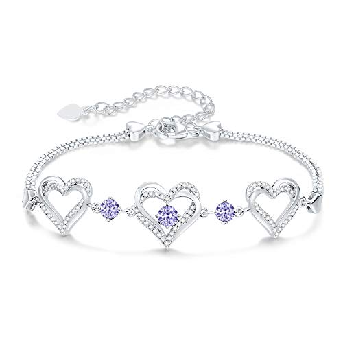 CDE Forever Love Heart Birthstone Bracelet for Women 925 Sterling Silver Charm Bracelet Adjustable with 5A Cubic Anniversary Jewelry Gift Birthday Gift for Women Wife Girls Her