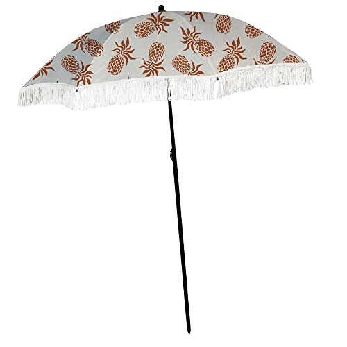 Beach Umbrella for Sand - Windproof with Sand Anchor Bag, Portable, Fringe, Denim Beach Bag, Features Pointed Bottom & 100% UV Sun Protection – Bahama (Tahiti)